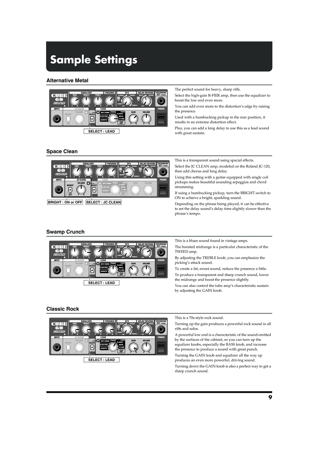 Roland CUBE-60 owner manual Sample Settings, Alternative Metal, Space Clean, Swamp Crunch, Classic Rock 