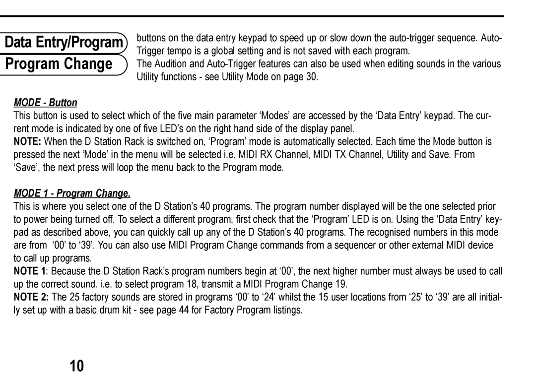 Roland D Station user manual Mode Button, Mode 1 Program Change 