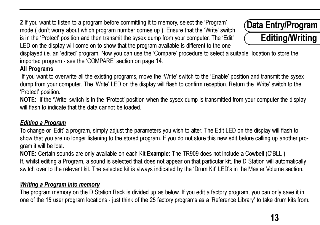 Roland D Station user manual All Programs, Editing a Program, Writing a Program into memory 