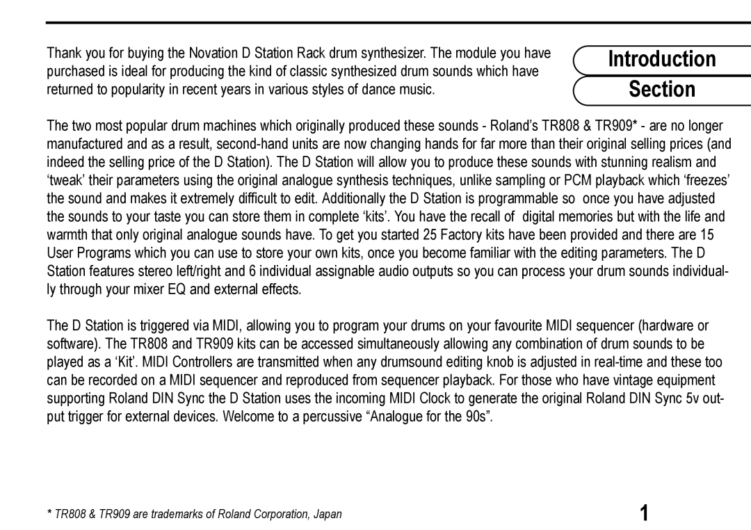 Roland D Station user manual Introduction Section 