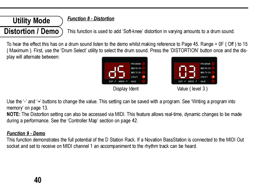 Roland D Station user manual Utility Mode Distortion / Demo, Function 8 Distortion, Function 9 Demo 