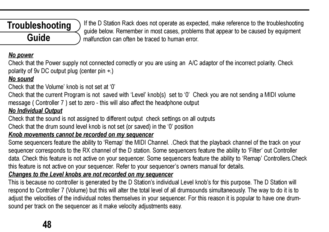 Roland D Station user manual Troubleshooting Guide, No power, No sound, No Individual Output 