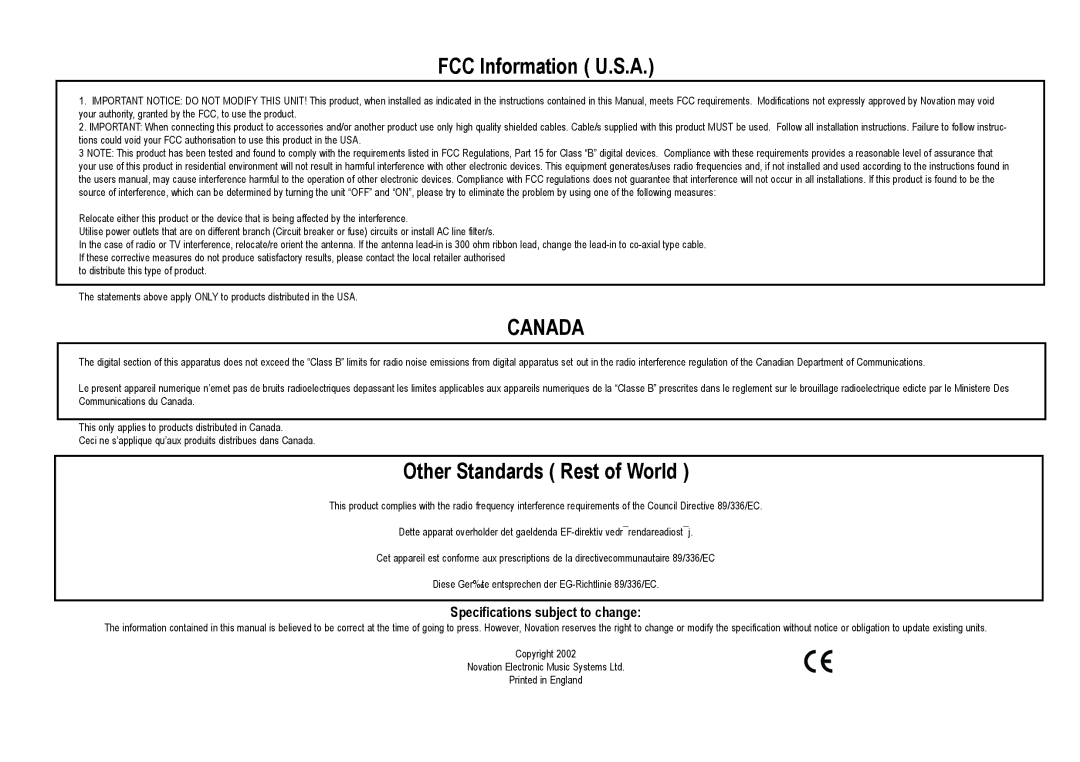 Roland D Station user manual FCC Information U.S.A, Other Standards Rest of World 