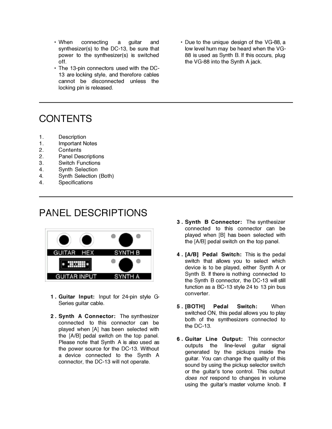 Roland DC-13 owner manual Contents, Panel Descriptions 