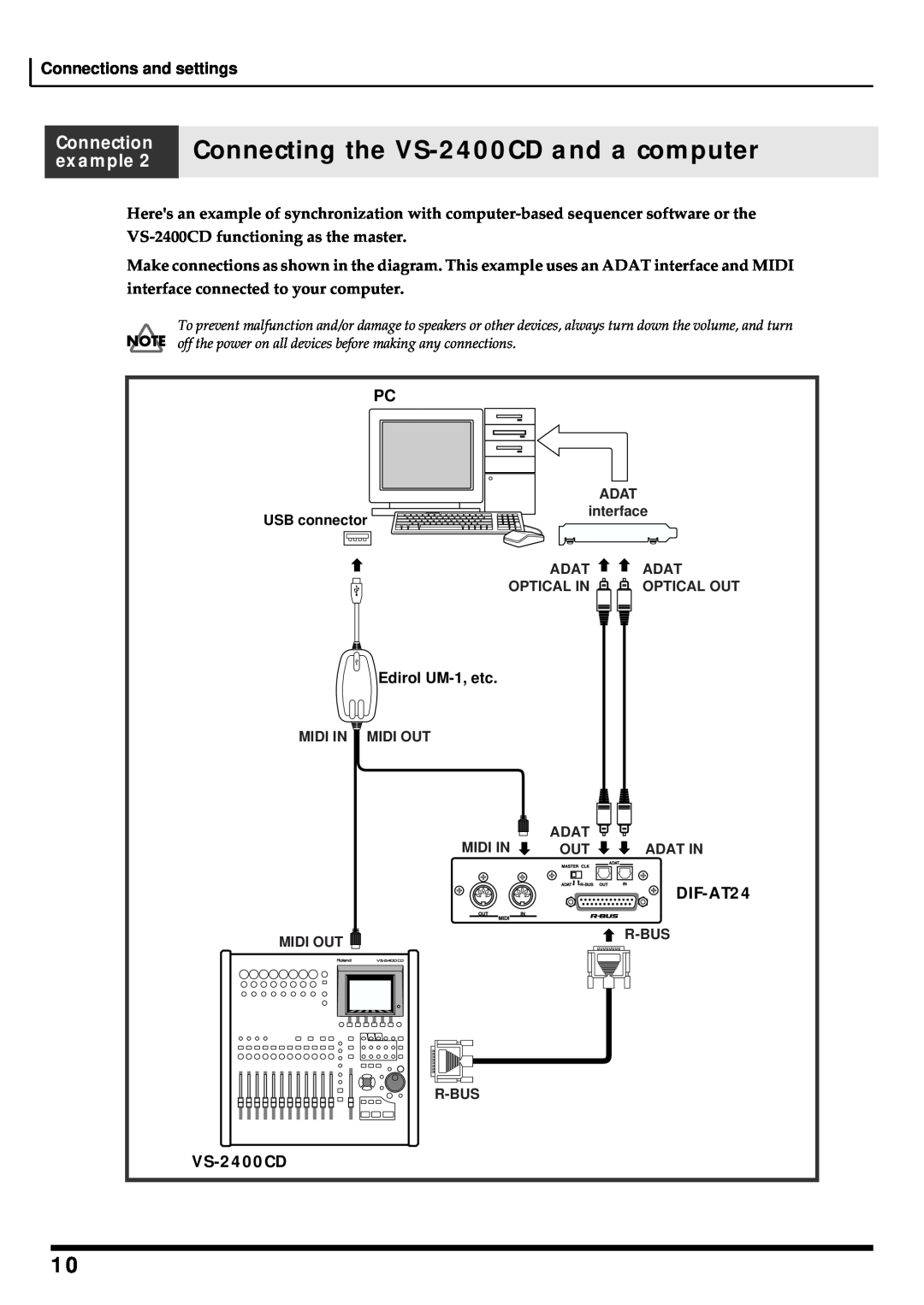 Roland DIF-AT24 owner manual Connecting the VS-2400CD and a computer, Connection example, Edirol UM-1, etc, USB connector 