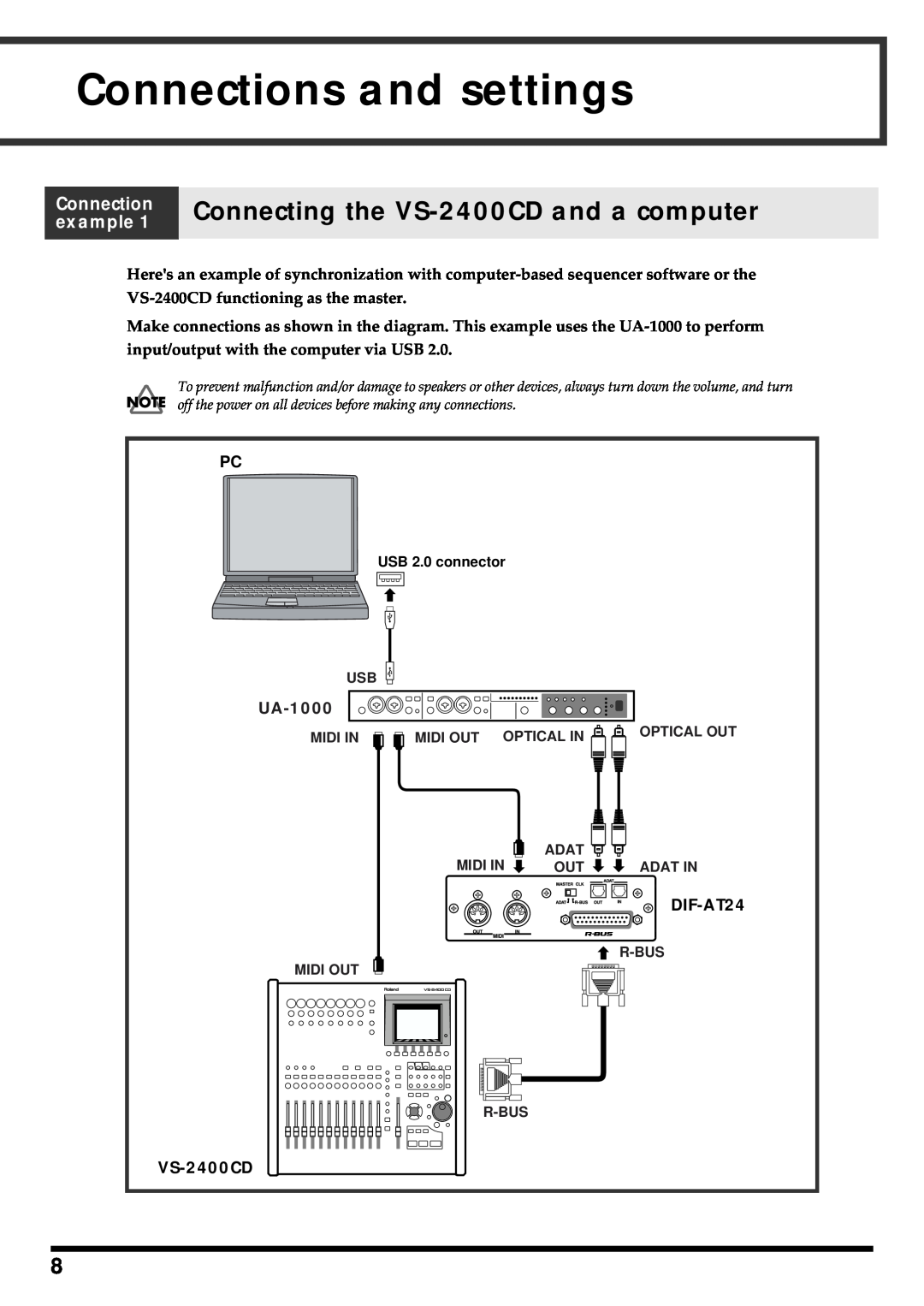 Roland DIF-AT24 owner manual Connections and settings, Connecting the VS-2400CD and a computer, Connection example, UA-1000 