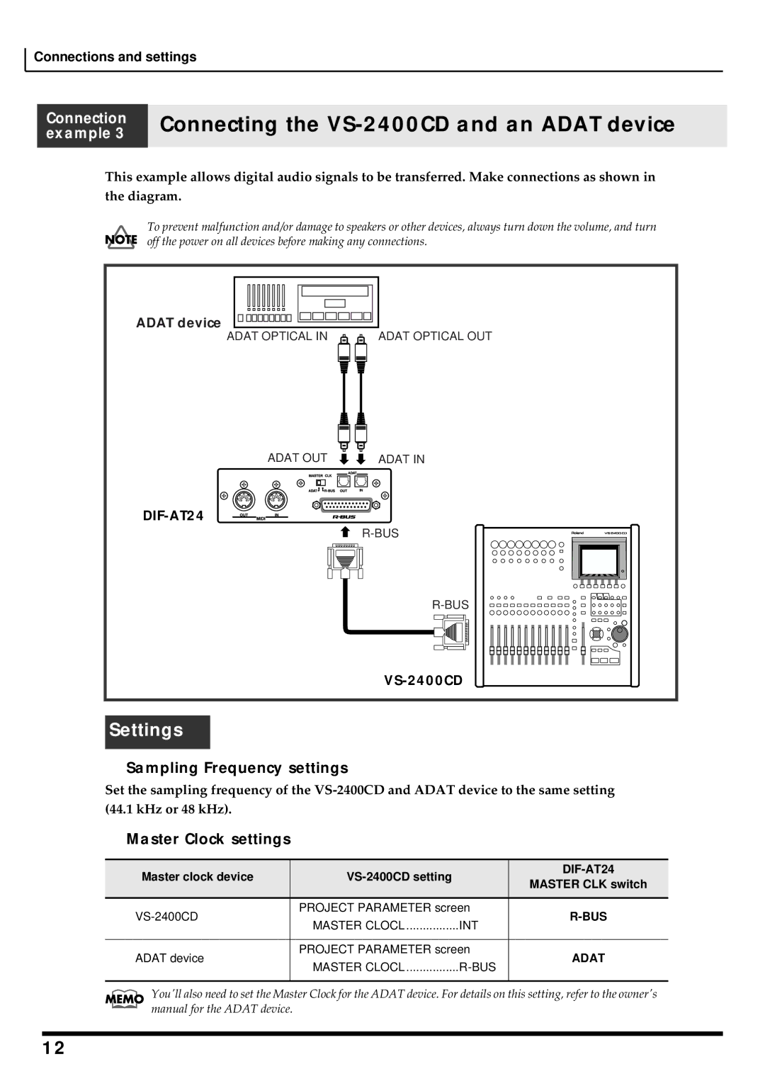 Roland DIF-AT24 owner manual Connecting the VS-2400CD and an Adat device 