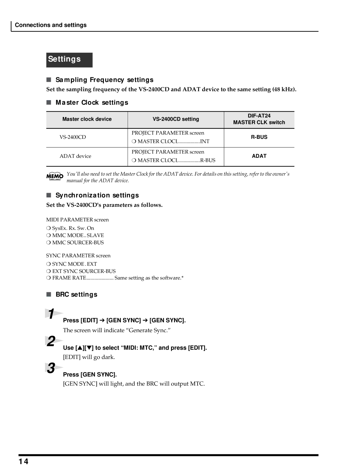 Roland DIF-AT24 owner manual BRC settings, Set the VS-2400CDs parameters as follows 