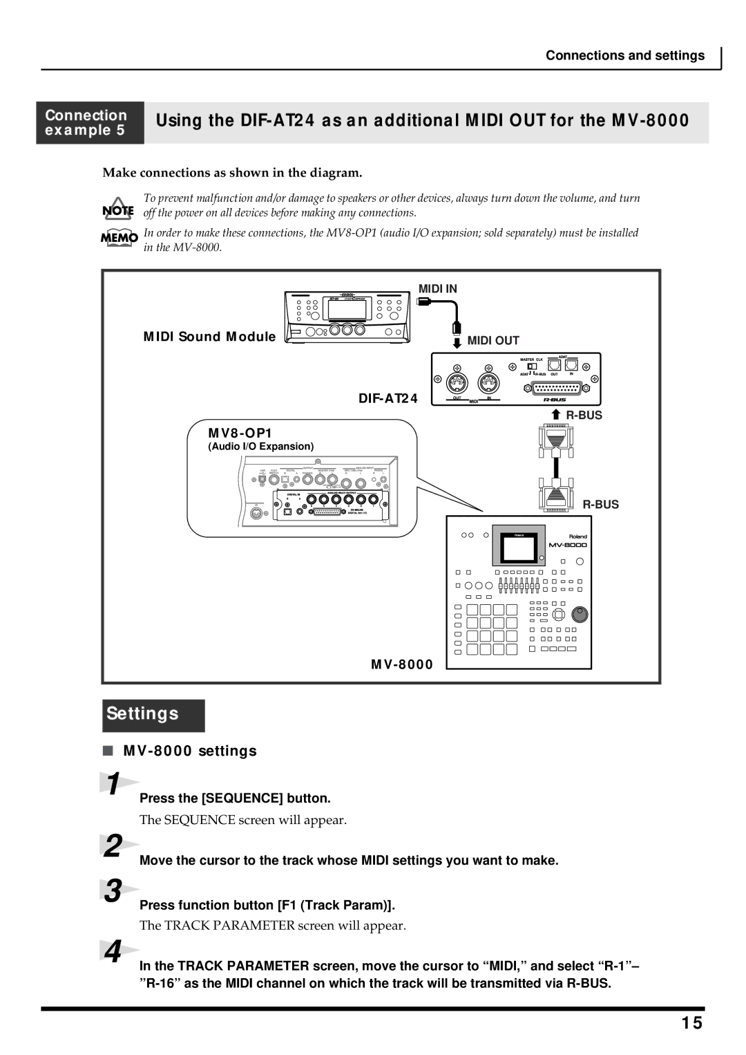 Roland DIF-AT24 owner manual MV-8000 settings, Make connections as shown in the diagram 