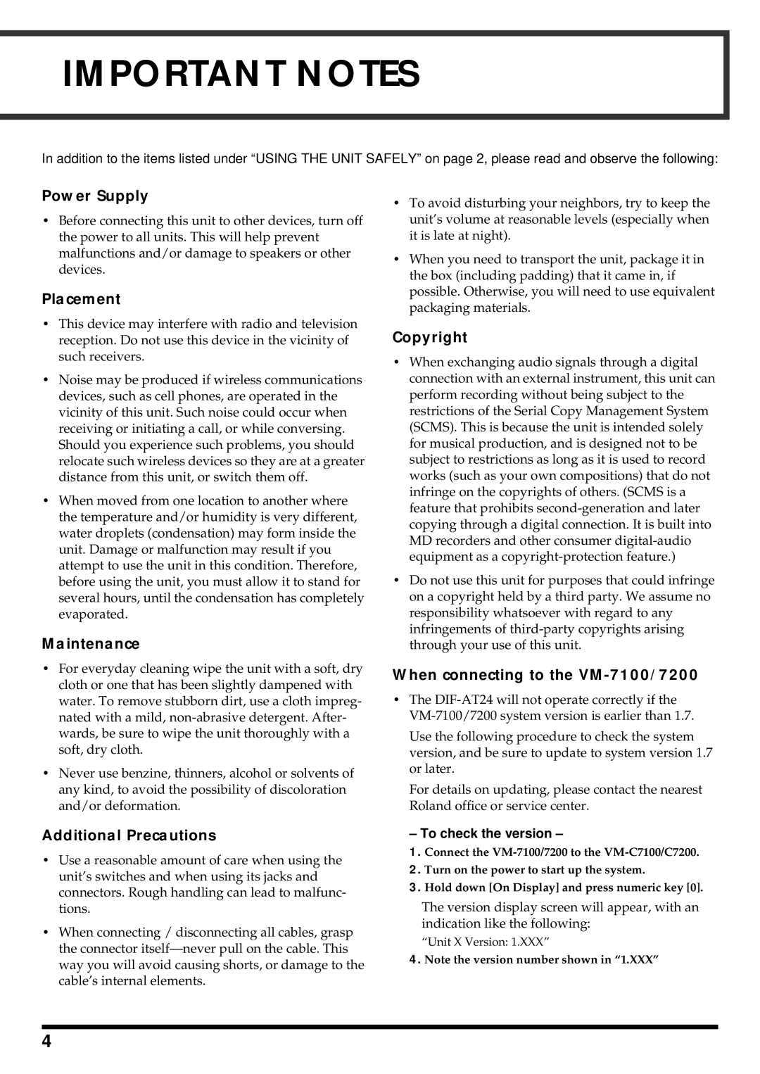 Roland DIF-AT24 owner manual Power Supply, Placement, Maintenance, Additional Precautions, Copyright 