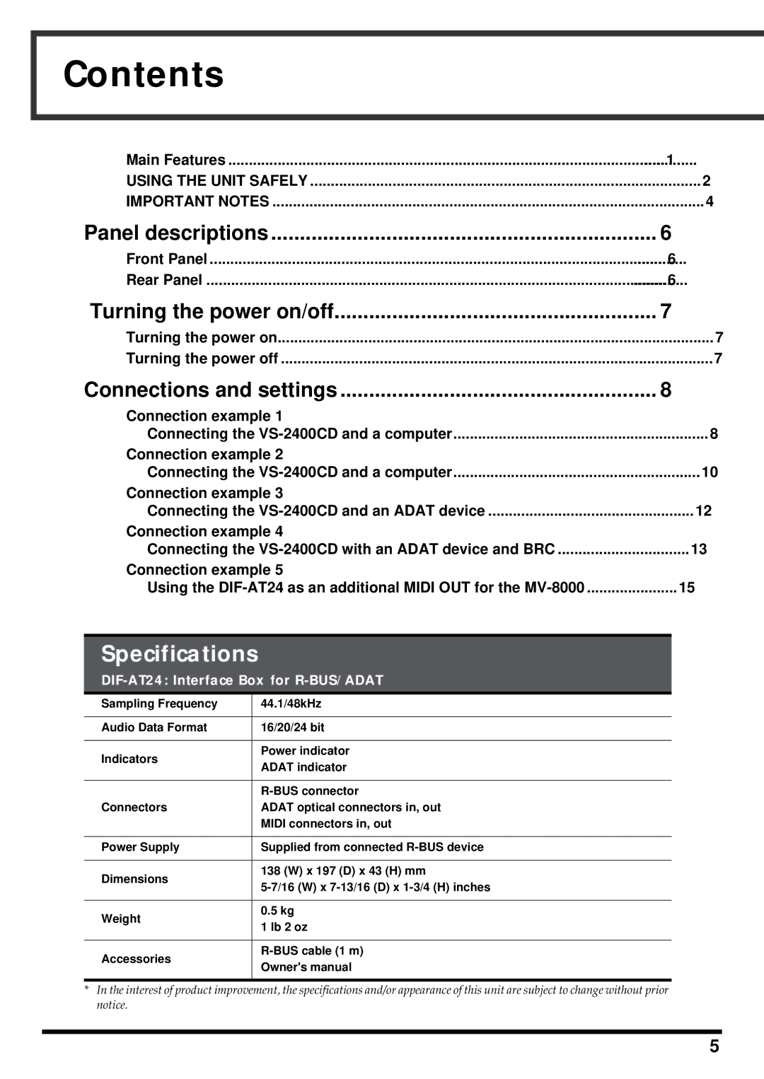 Roland DIF-AT24 owner manual Contents 