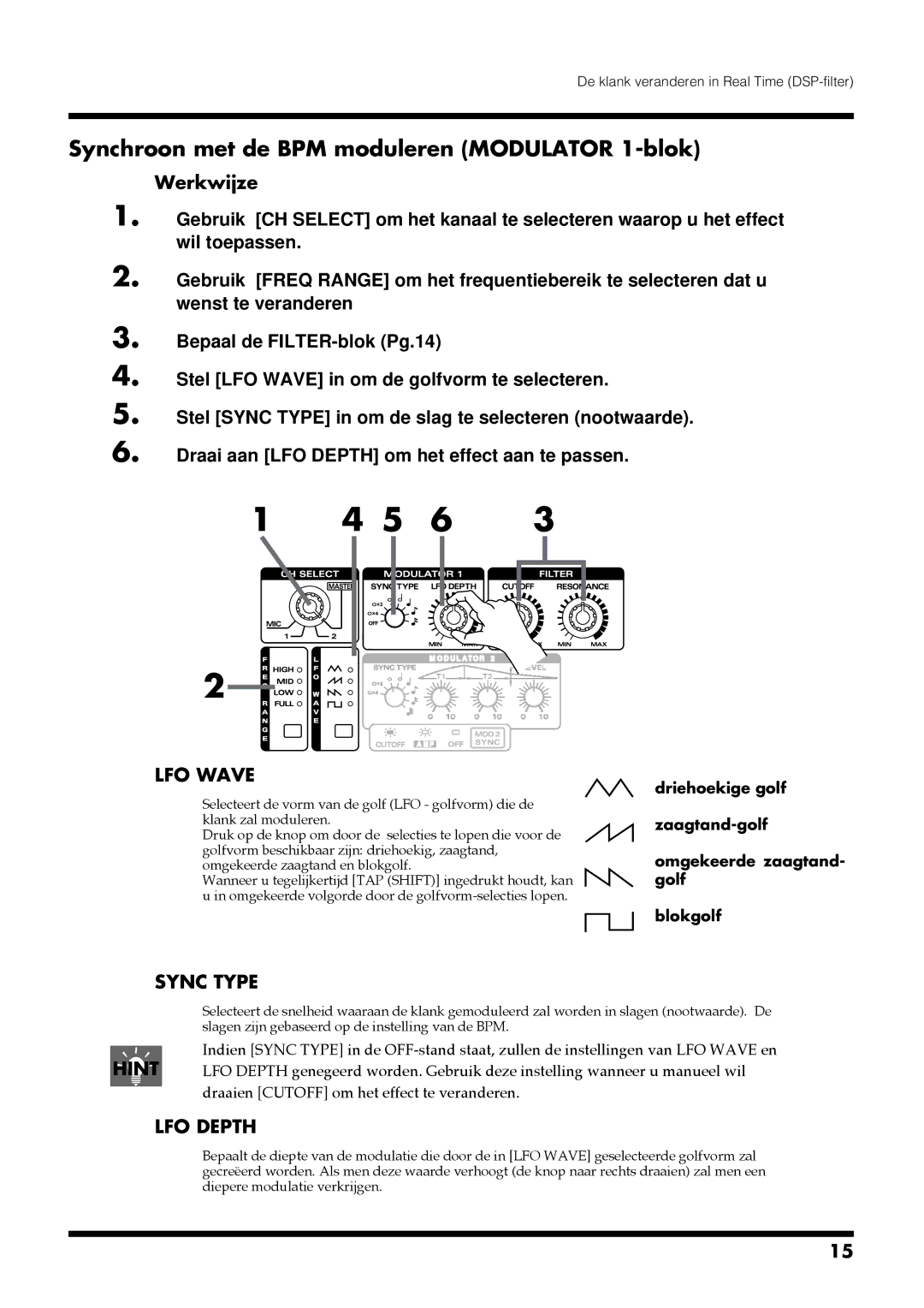 Roland DJ-1000 manual Synchroon met de BPM moduleren Modulator 1-blok, LFO Wave, Sync Type, LFO Depth 