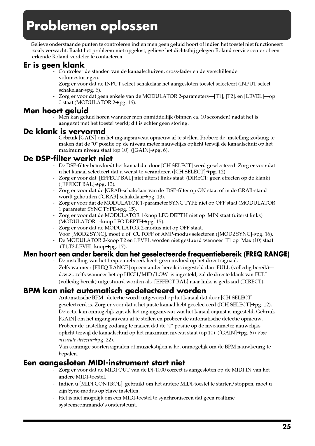 Roland DJ-1000 manual Problemen oplossen 