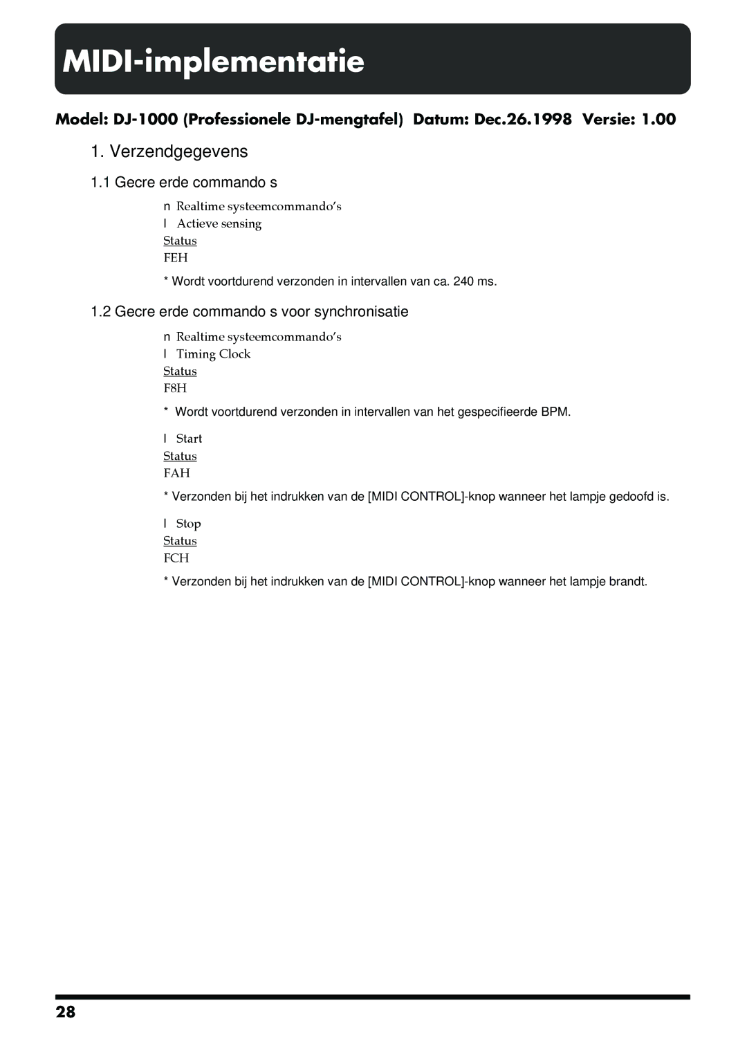 Roland DJ-1000 manual MIDI-implementatie, Gecreëerde commando’s voor synchronisatie 