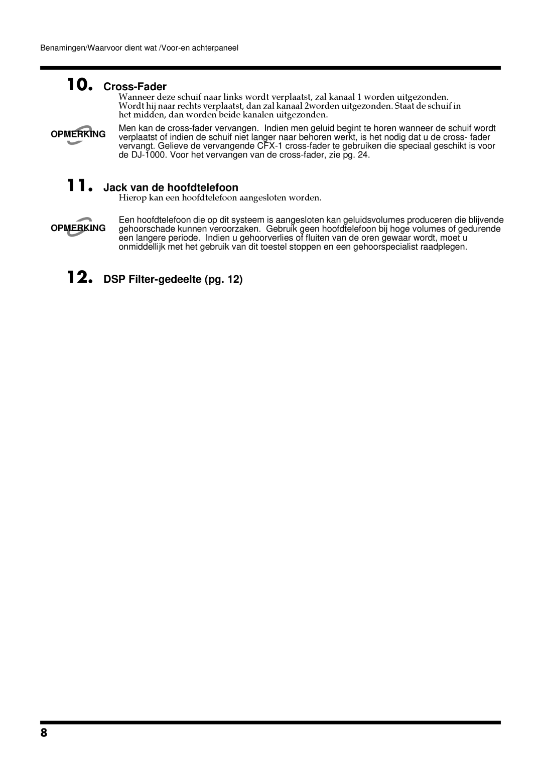 Roland DJ-1000 manual Cross-Fader, Jack van de hoofdtelefoon, DSP Filter-gedeelte pg 