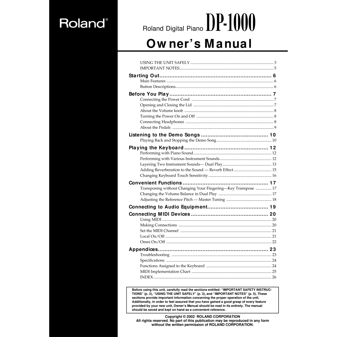 Roland DP-1000 owner manual Starting Out, Before You Play, Listening to the Demo Songs, Playing the Keyboard, Appendices 