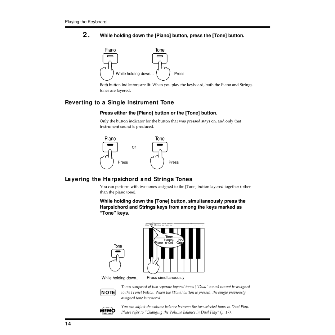 Roland DP-1000 owner manual Reverting to a Single Instrument Tone, Layering the Harpsichord and Strings Tones 