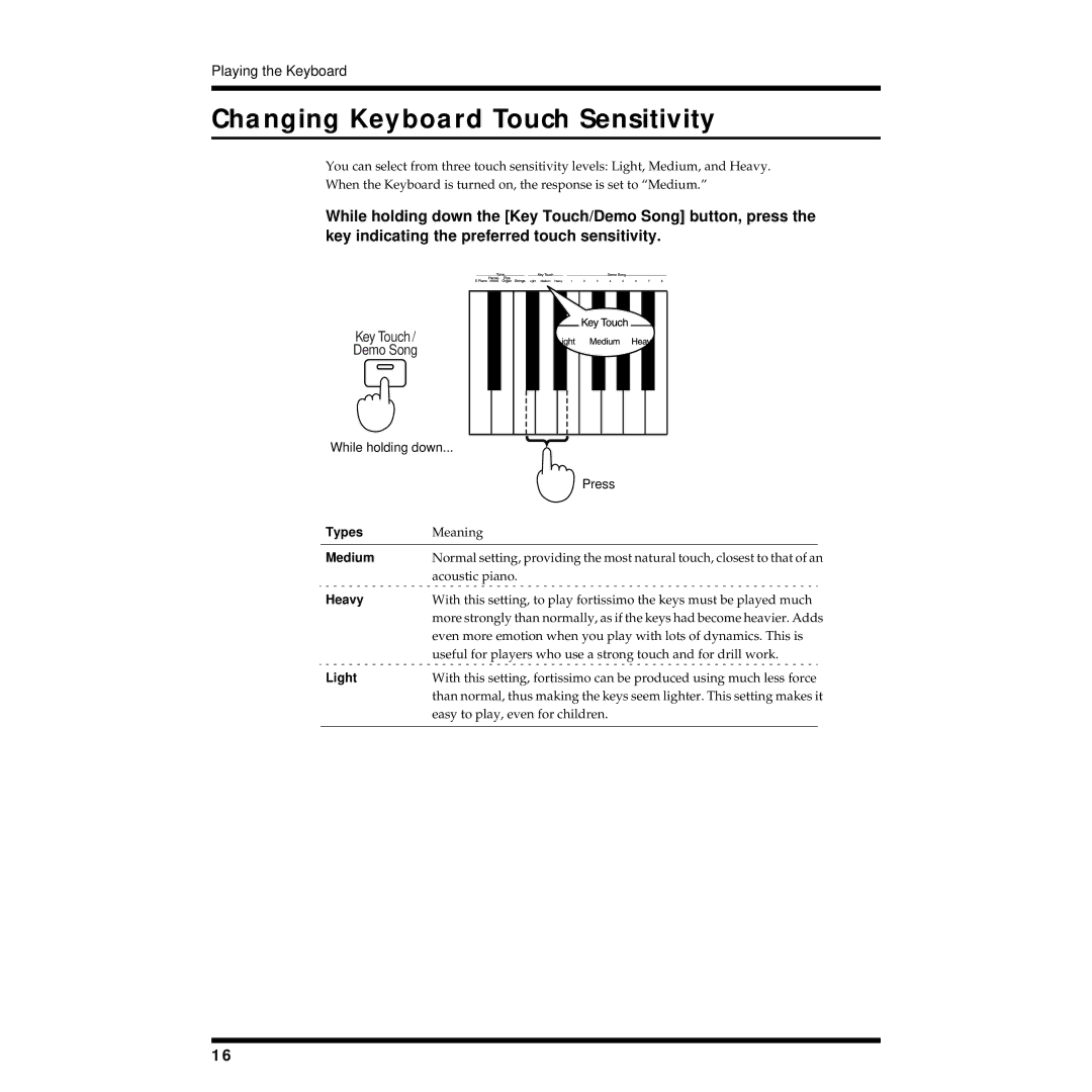 Roland DP-1000 owner manual Changing Keyboard Touch Sensitivity, Heavy 