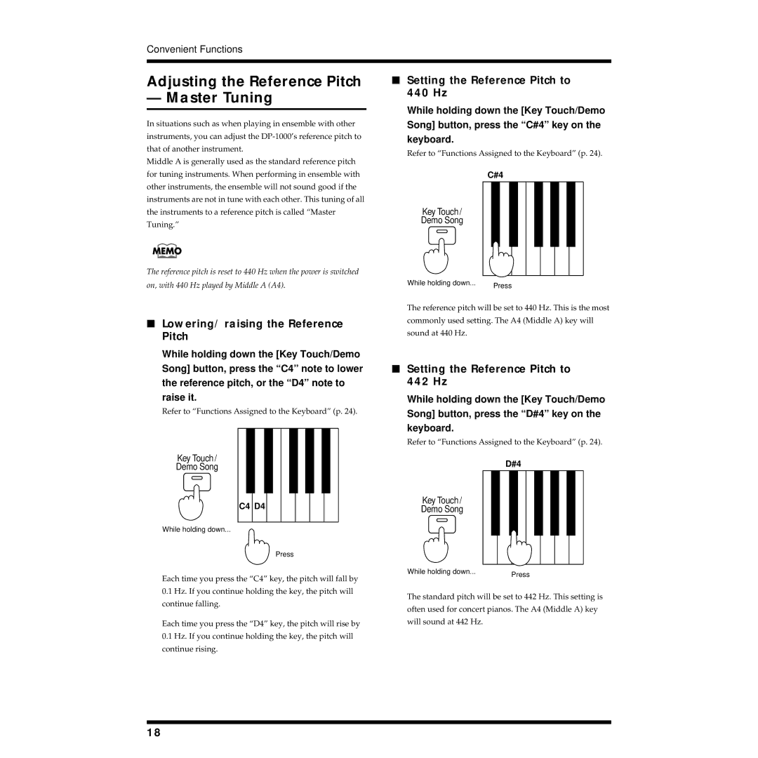 Roland DP-1000 owner manual Adjusting the Reference Pitch Master Tuning, Lowering/ raising the Reference Pitch 