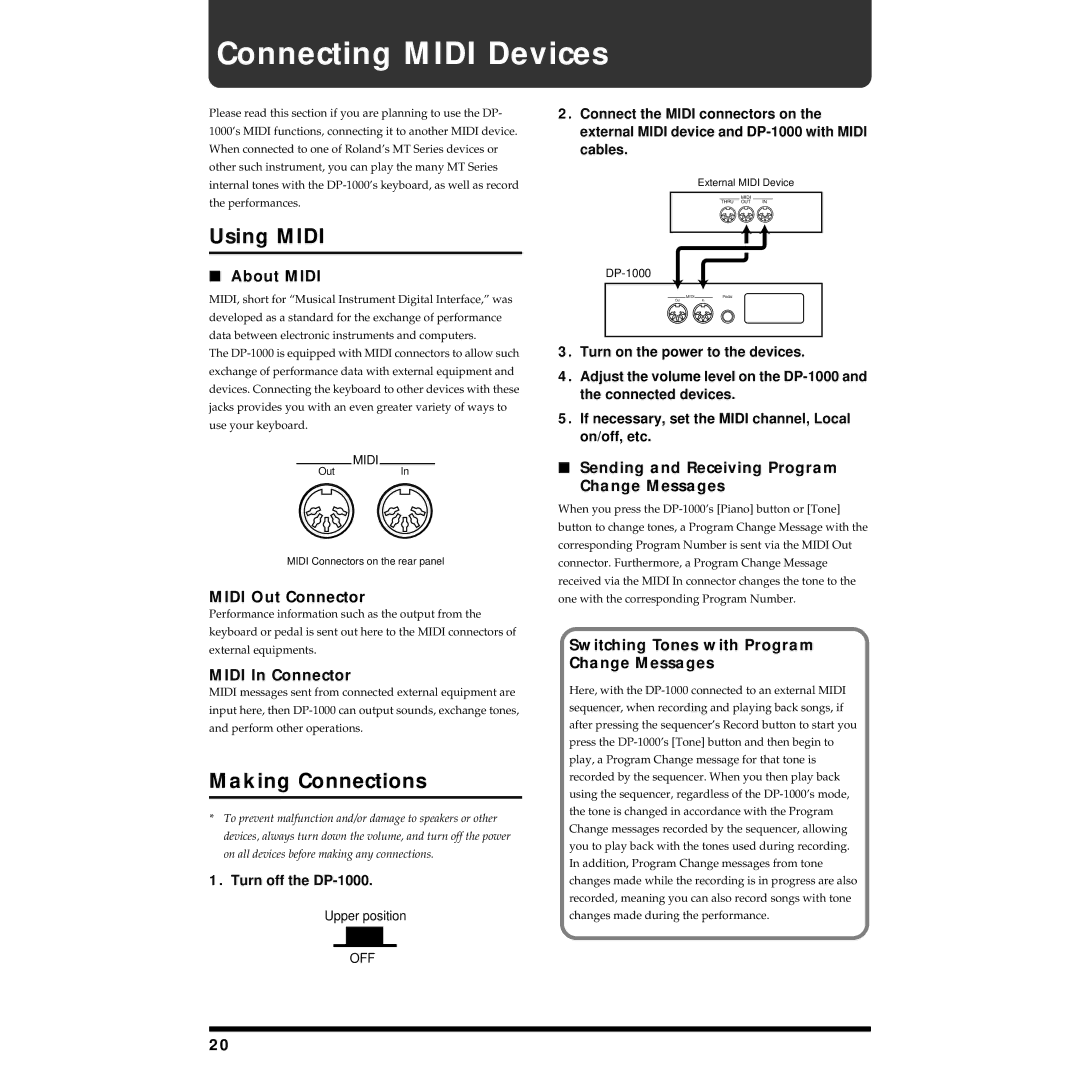 Roland DP-1000 owner manual Connecting Midi Devices, Using Midi, Making Connections 