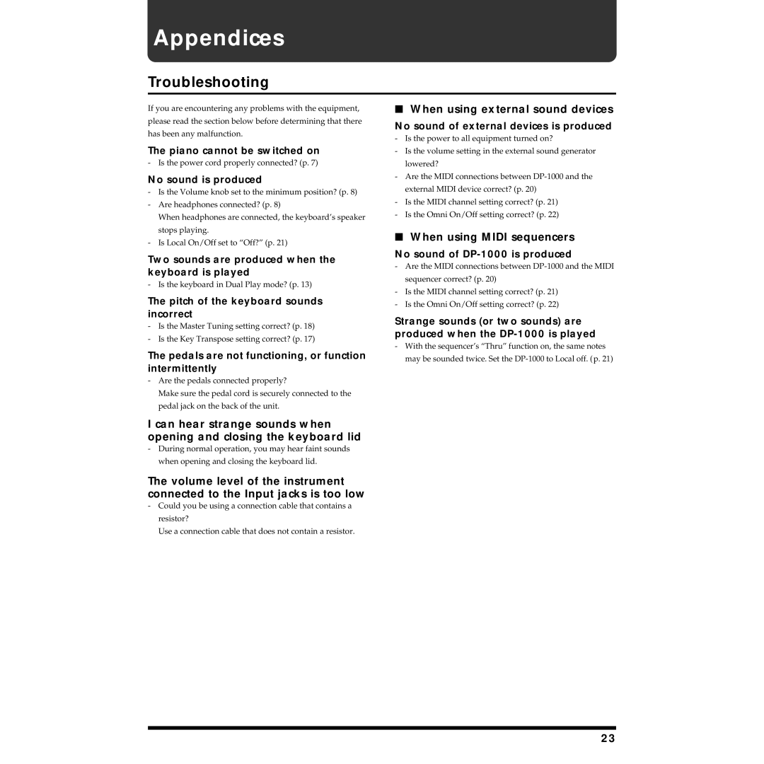 Roland DP-1000 owner manual Appendices, Troubleshooting, When using external sound devices, When using Midi sequencers 