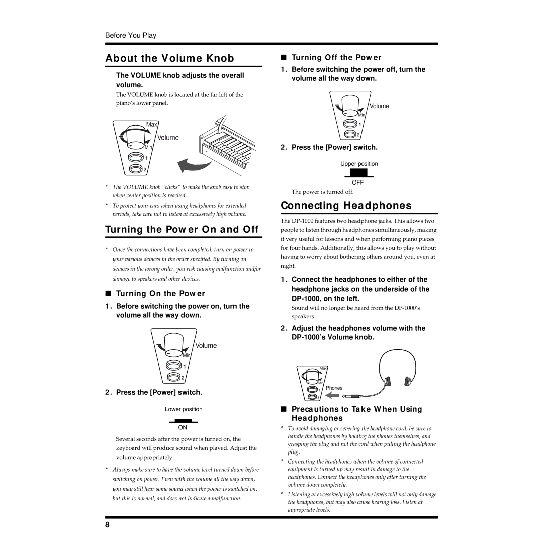 Roland DP-1000 owner manual About the Volume Knob, Connecting Headphones, Turning On the Power, Turning Off the Power 