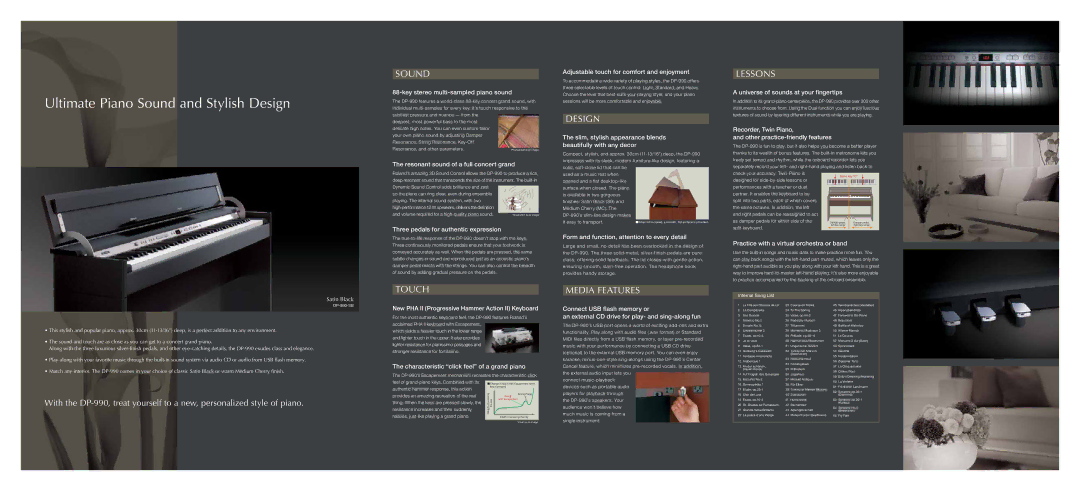 Roland DP-990R, DP990RF, DP990F specifications Sound, Touch, Design, Media Features, Lessons 