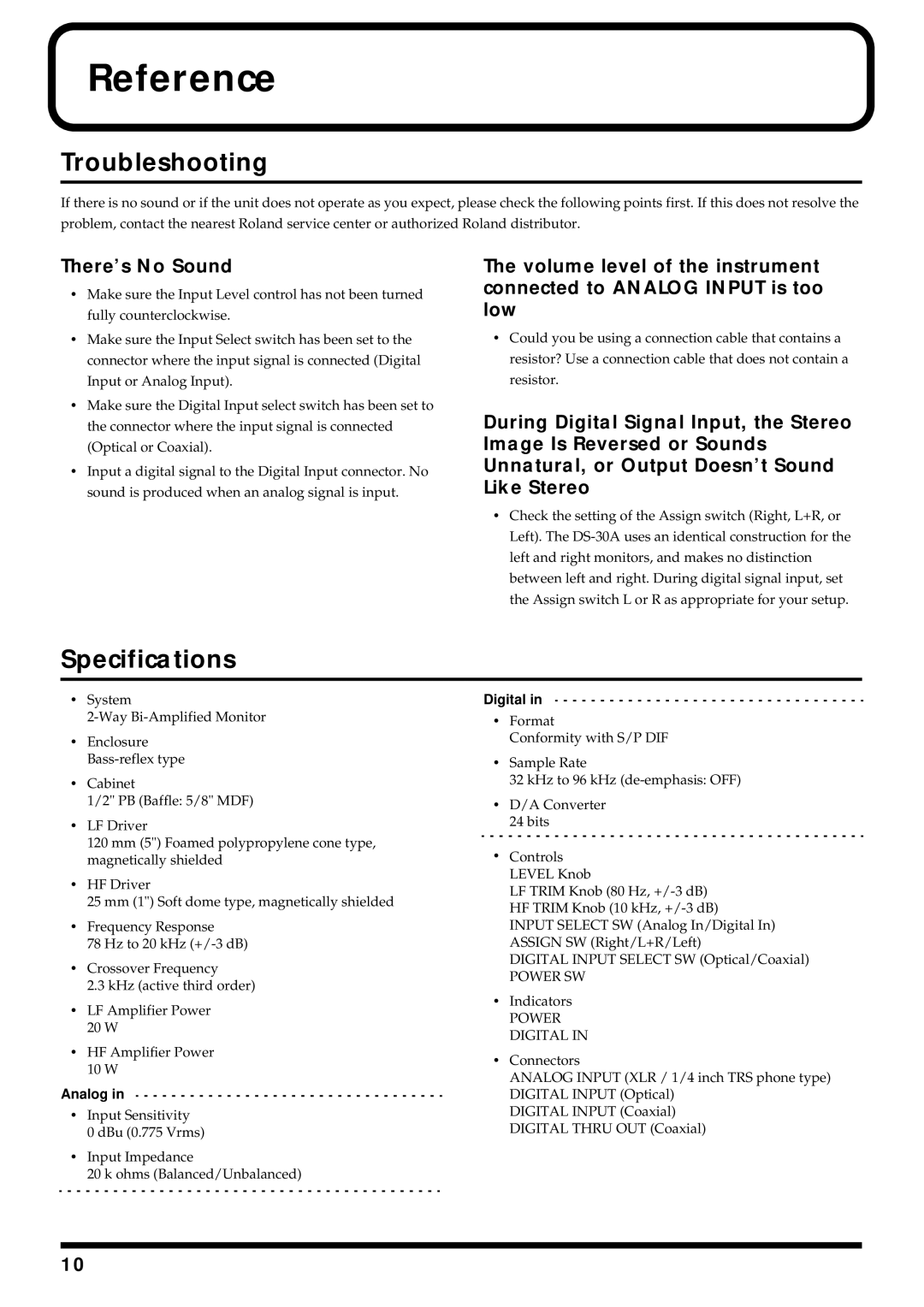 Roland DS-30A owner manual Reference, Troubleshooting, Specifications, There’s No Sound 