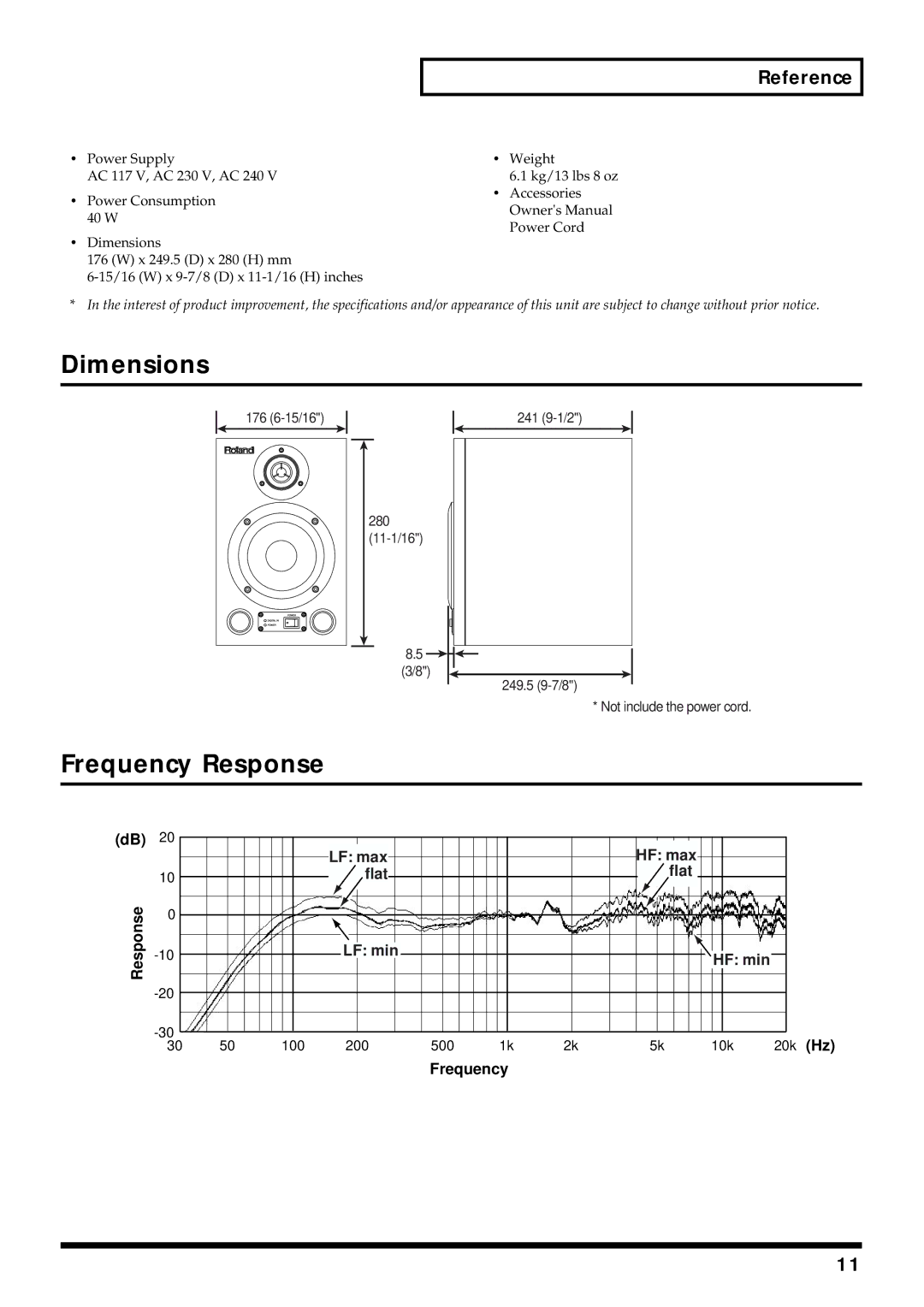 Roland DS-30A owner manual Dimensions, Frequency Response, Reference 