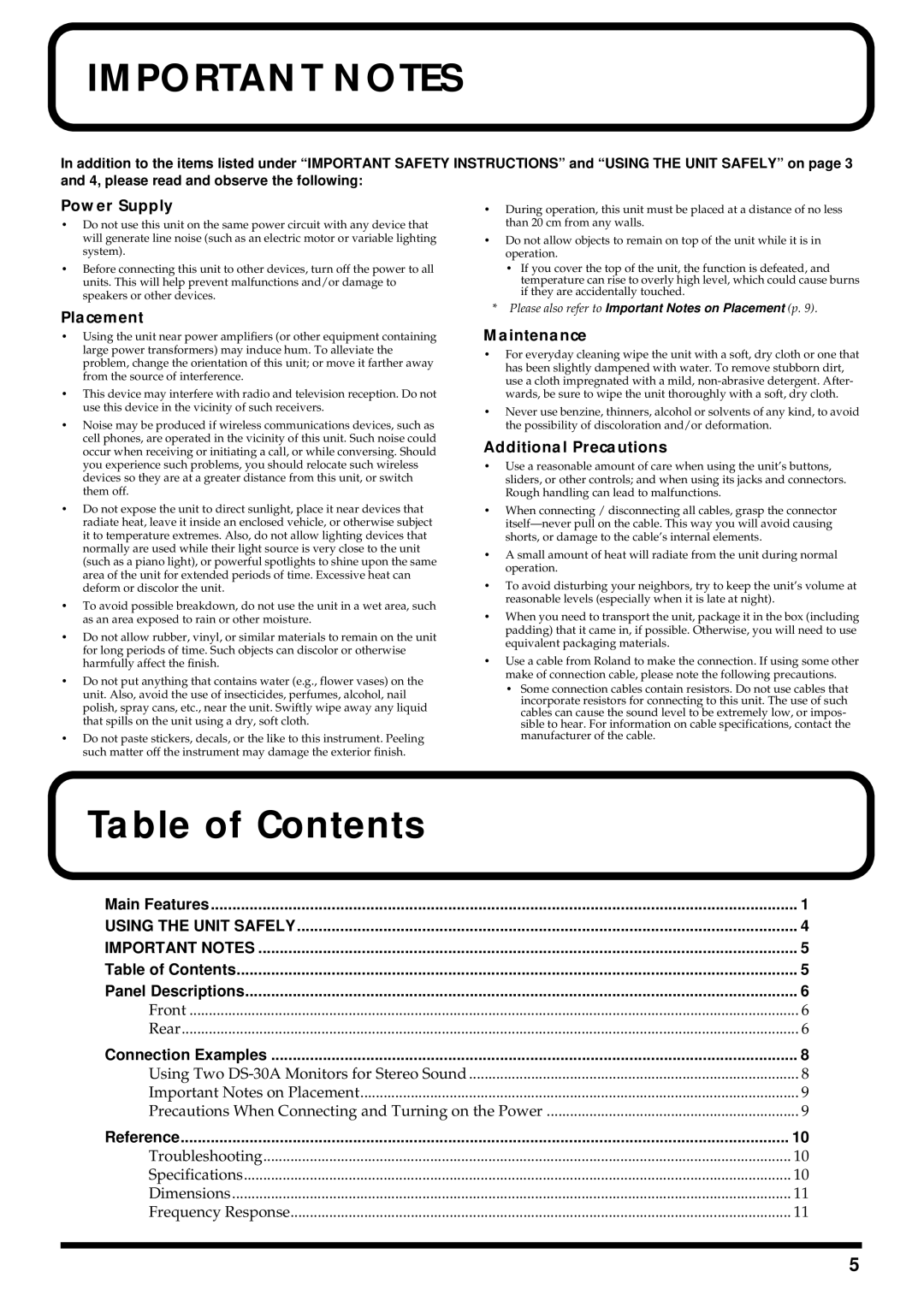 Roland DS-30A owner manual Important Notes, Table of Contents 