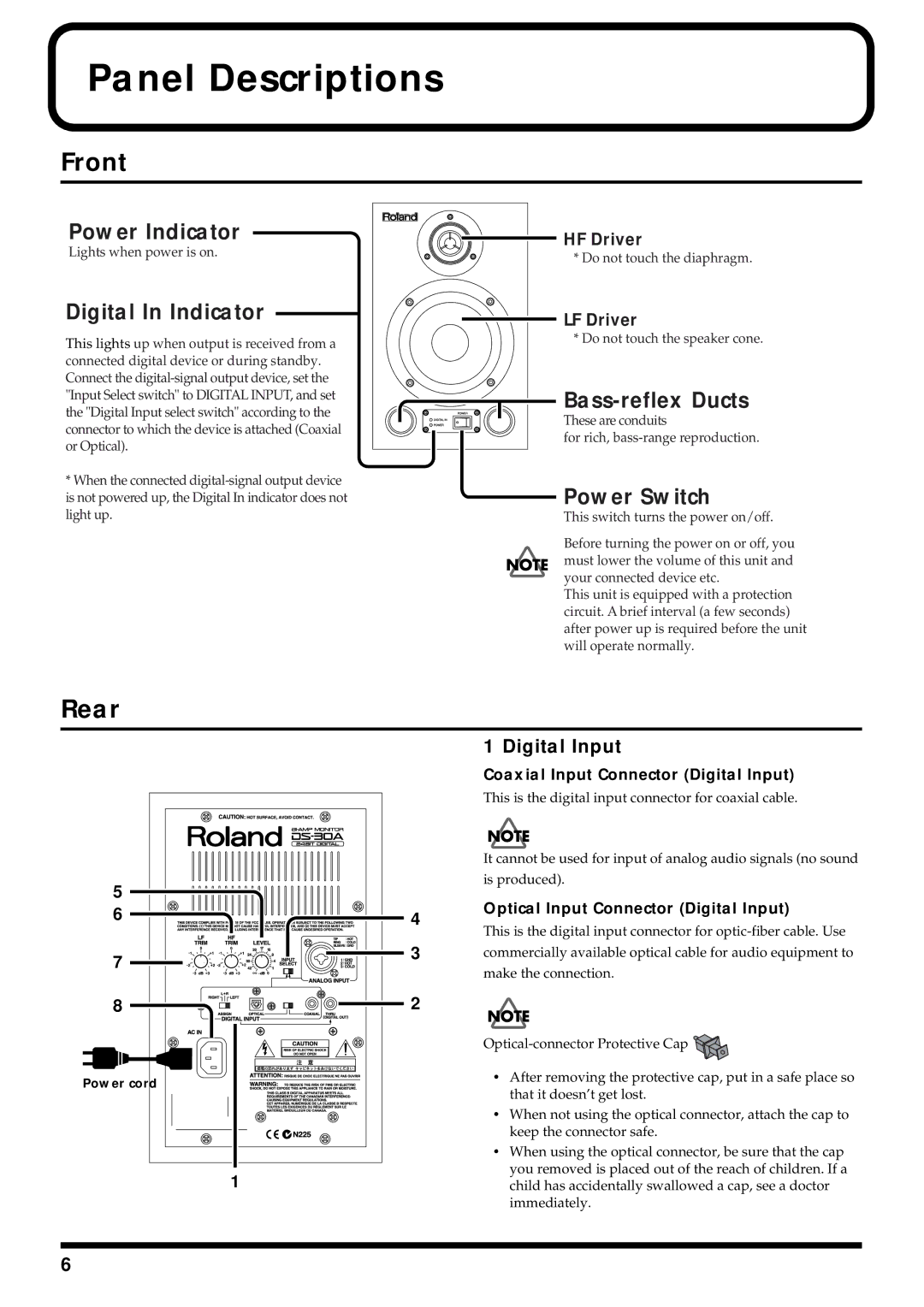 Roland DS-30A owner manual Panel Descriptions, Front, Rear, Coaxial Input Connector Digital Input 