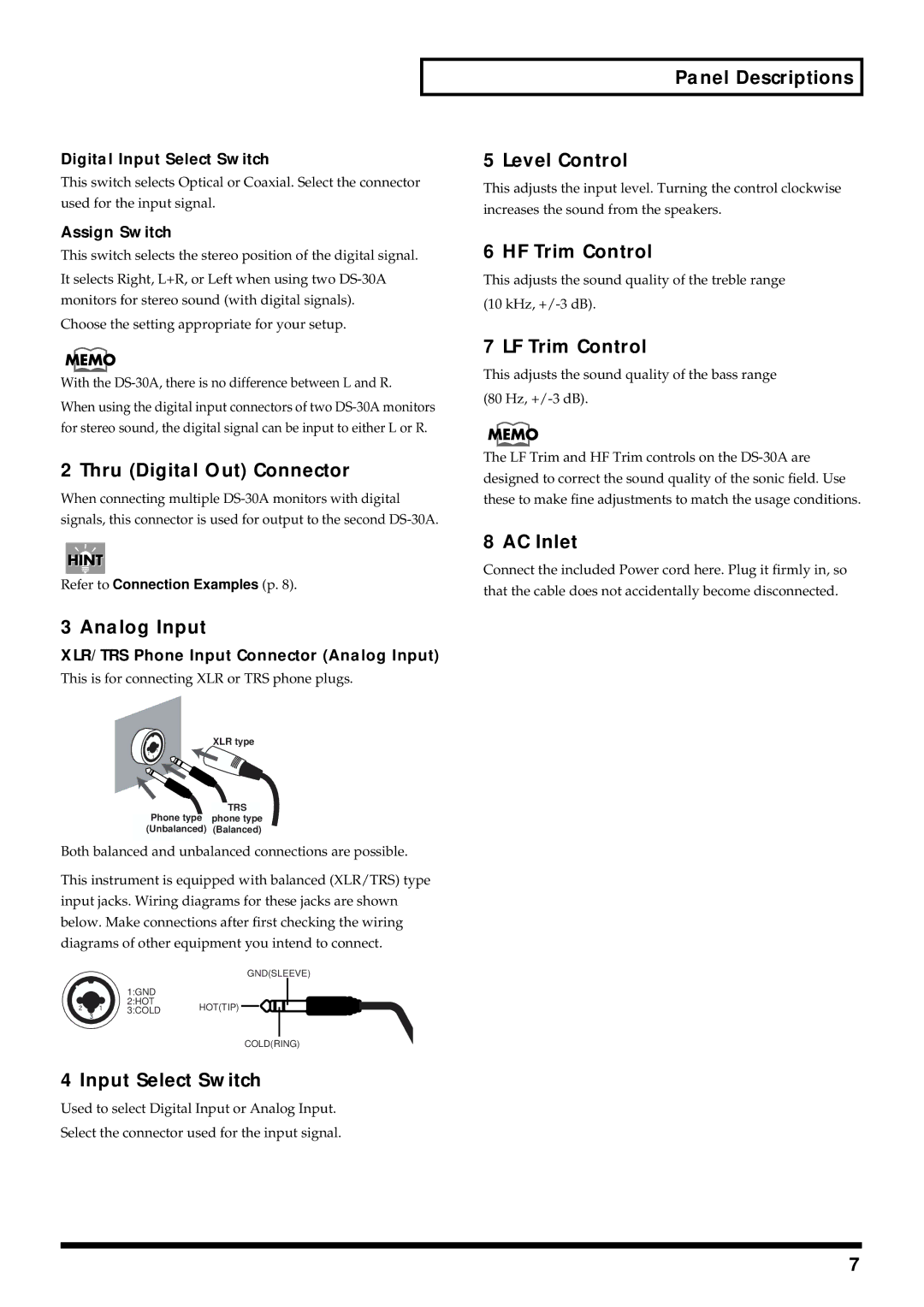 Roland DS-30A Thru Digital Out Connector, Input Select Switch, Panel Descriptions Level Control, HF Trim Control, AC Inlet 
