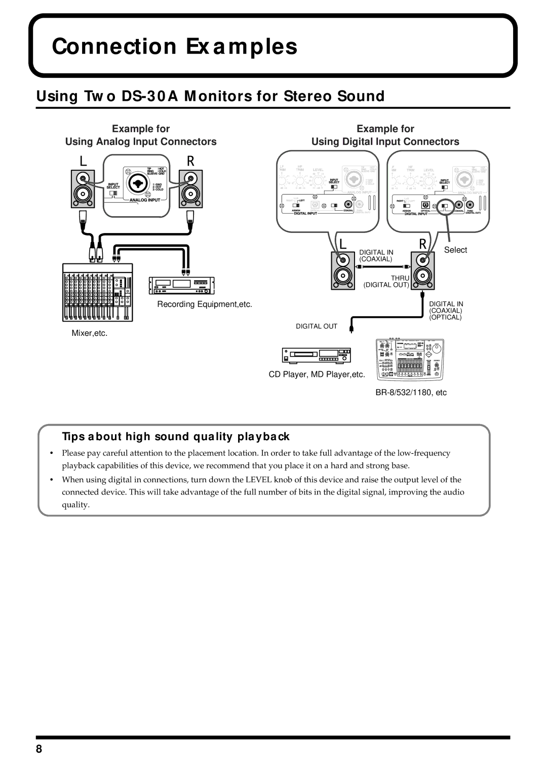 Roland Connection Examples, Using Two DS-30A Monitors for Stereo Sound, Tips about high sound quality playback 