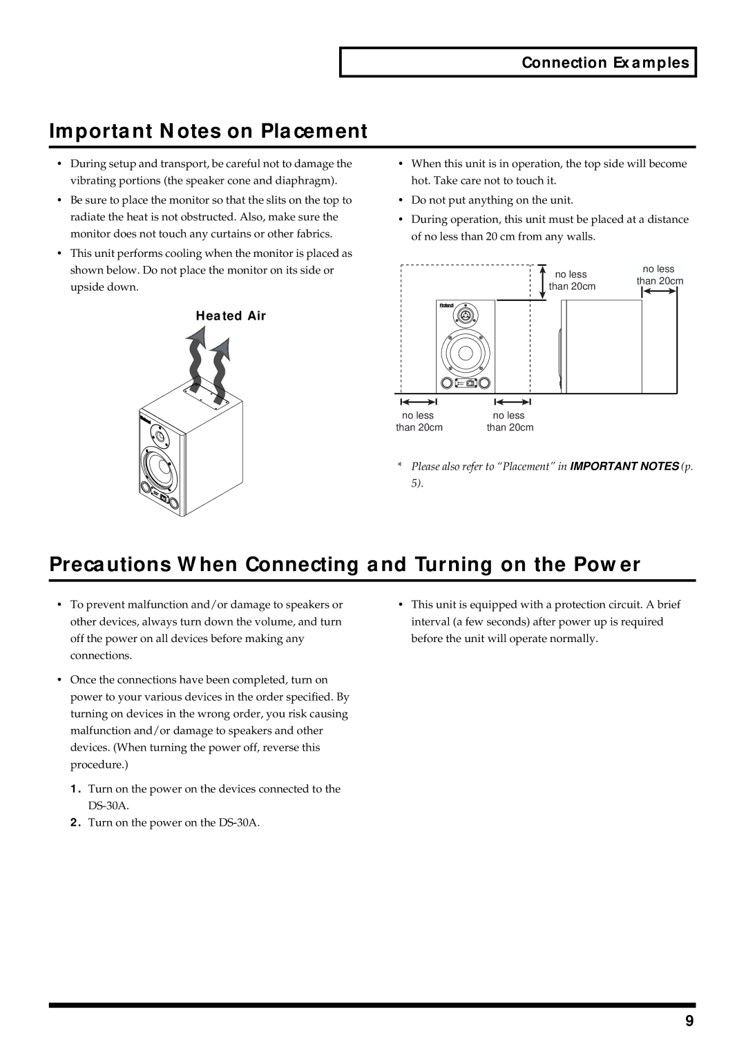 Roland DS-30A Important Notes on Placement, Precautions When Connecting and Turning on the Power, Connection Examples 