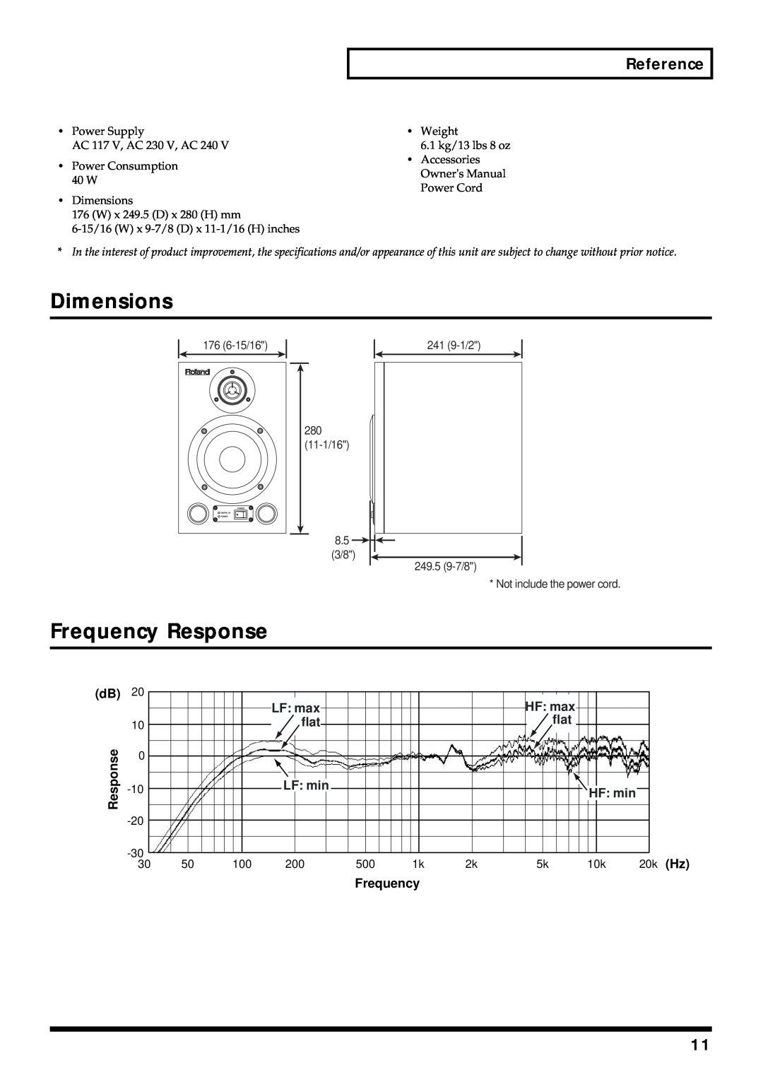 Roland DS-30A owner manual Dimensions, Frequency Response, Reference, HF max, flat, LF min, HF min, 176 6-15/16, LF max 