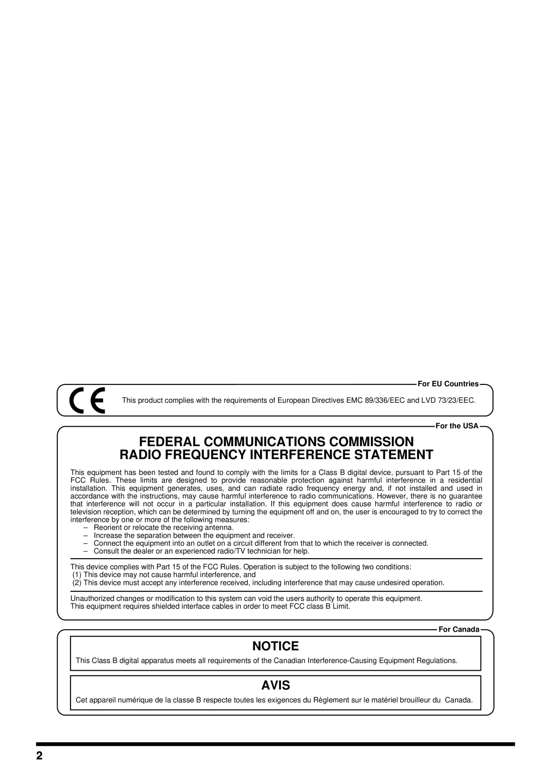 Roland DS-30A Federal Communications Commission, Radio Frequency Interference Statement, Avis, For EU Countries 