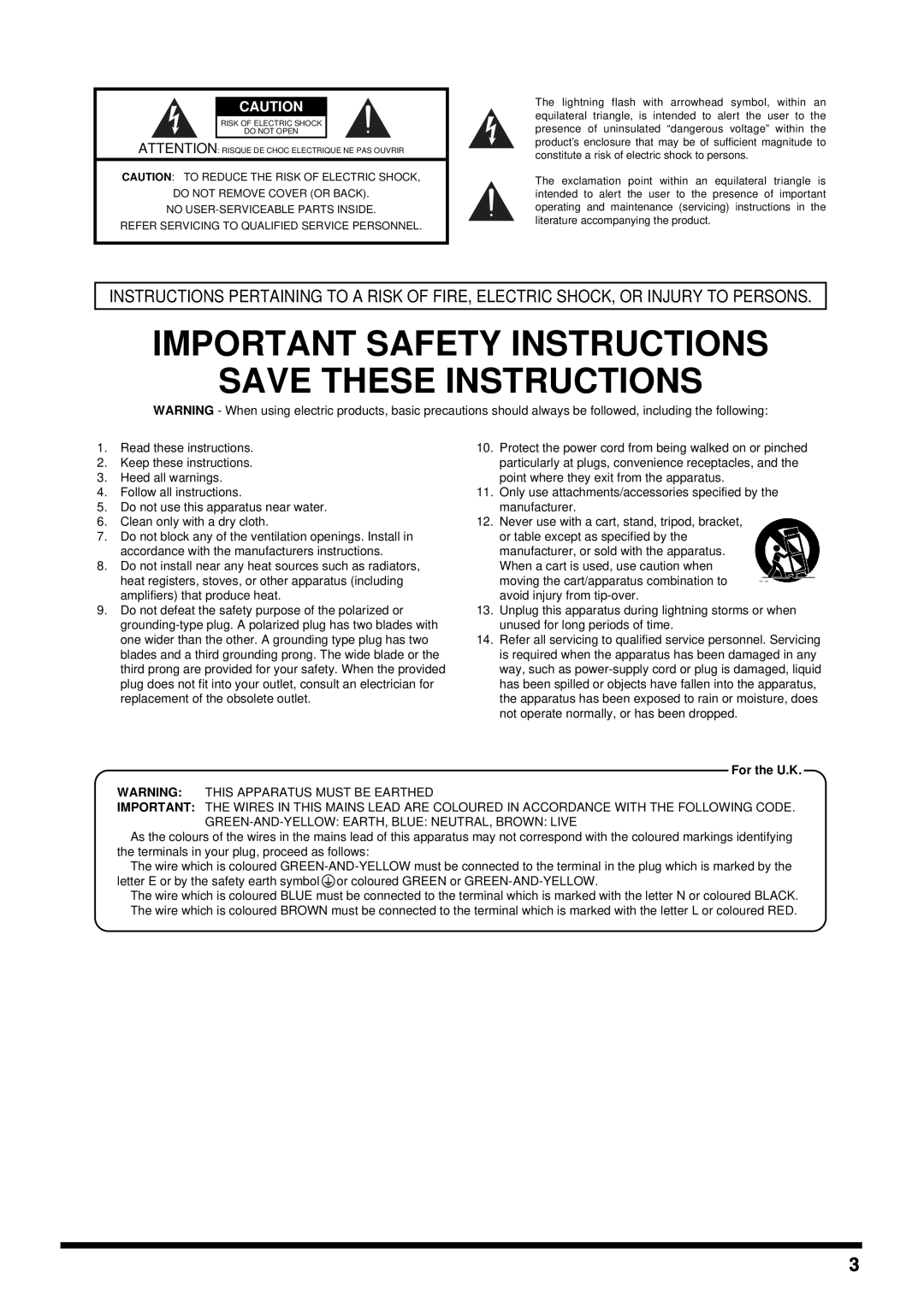 Roland DS-30A owner manual Important Safety Instructions Save These Instructions, For the U.K 
