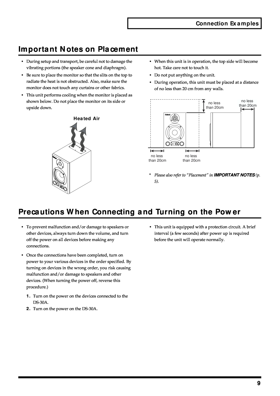 Roland DS-30A Important Notes on Placement, Precautions When Connecting and Turning on the Power, Connection Examples 