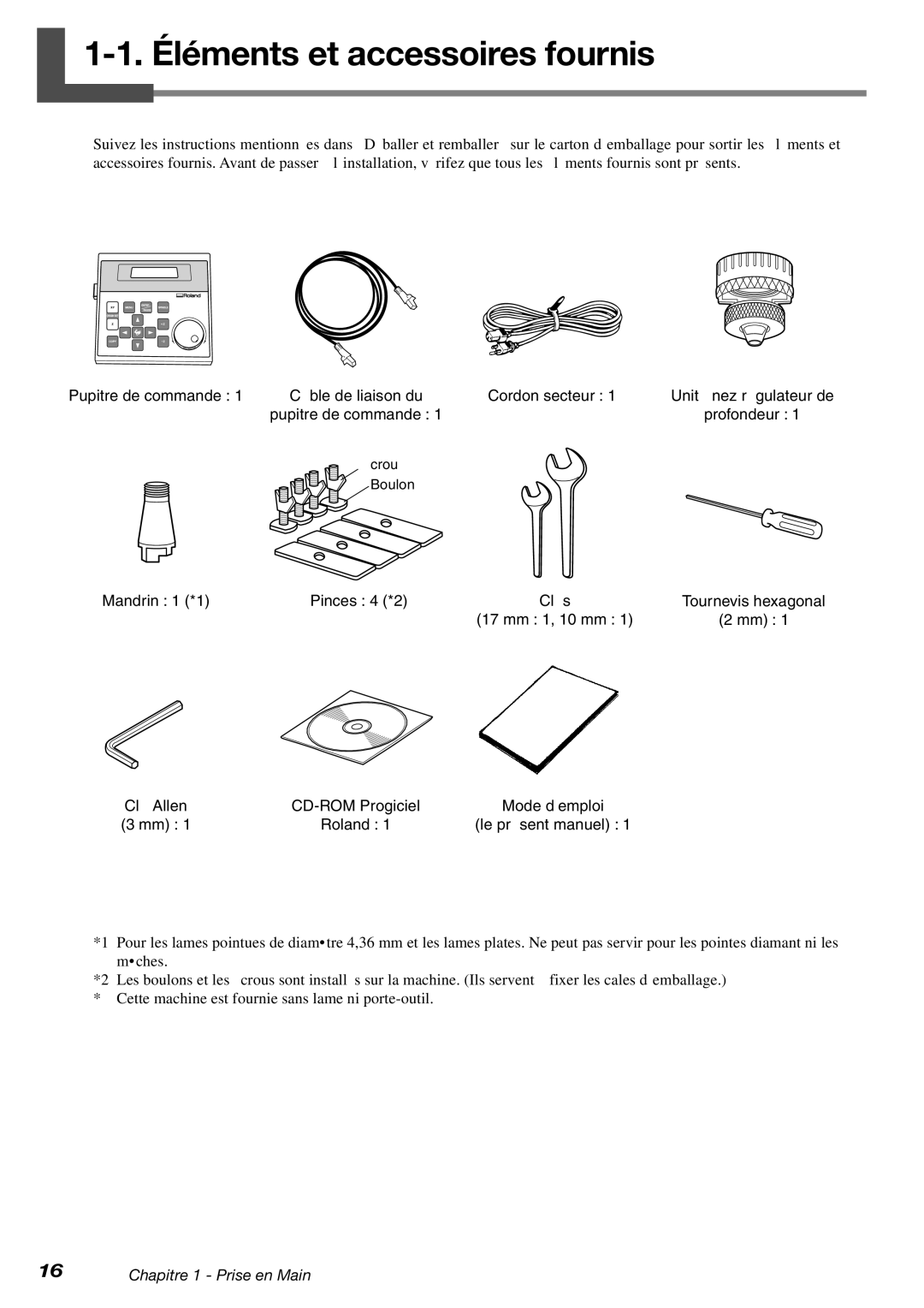 Roland EGX-600, EGX-400 manual Éléments et accessoires fournis, Écrou Boulon 