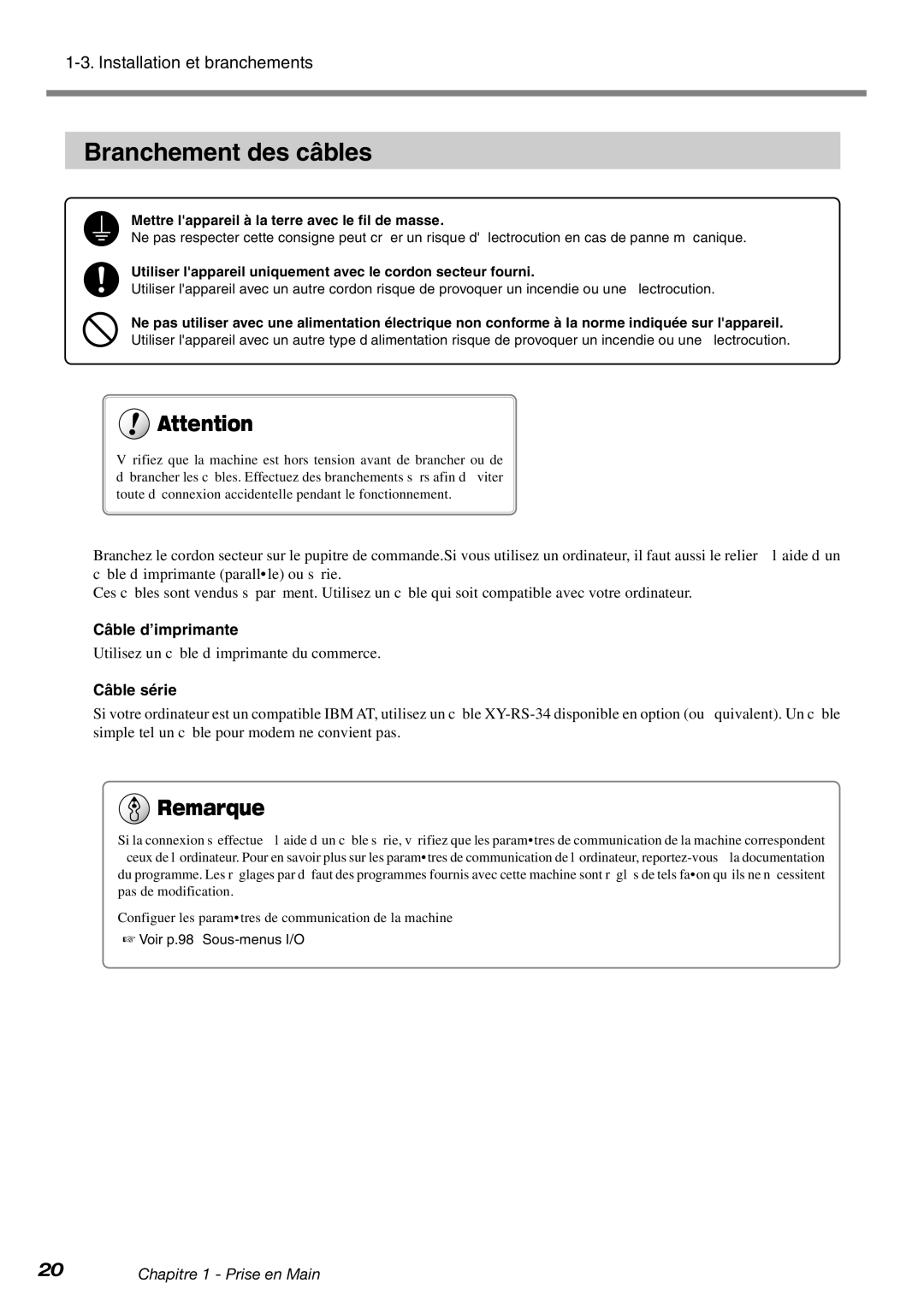 Roland EGX-600, EGX-400 manual Branchement des câbles, Câble d’imprimante, Câble série, Voir p.98 Sous-menus I/O 