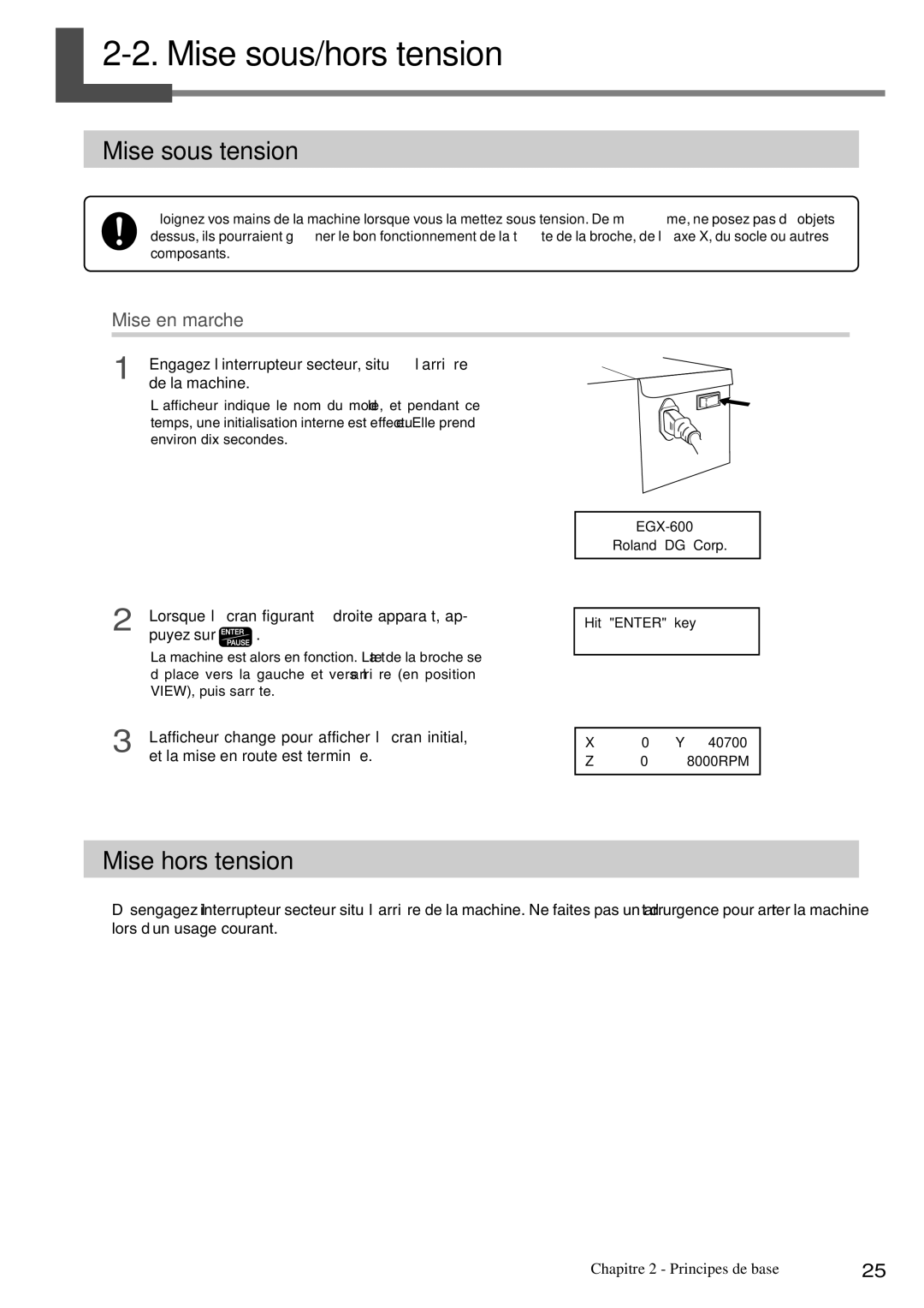 Roland EGX-400, EGX-600 manual Mise sous/hors tension, Mise sous tension, Mise hors tension, Mise en marche 