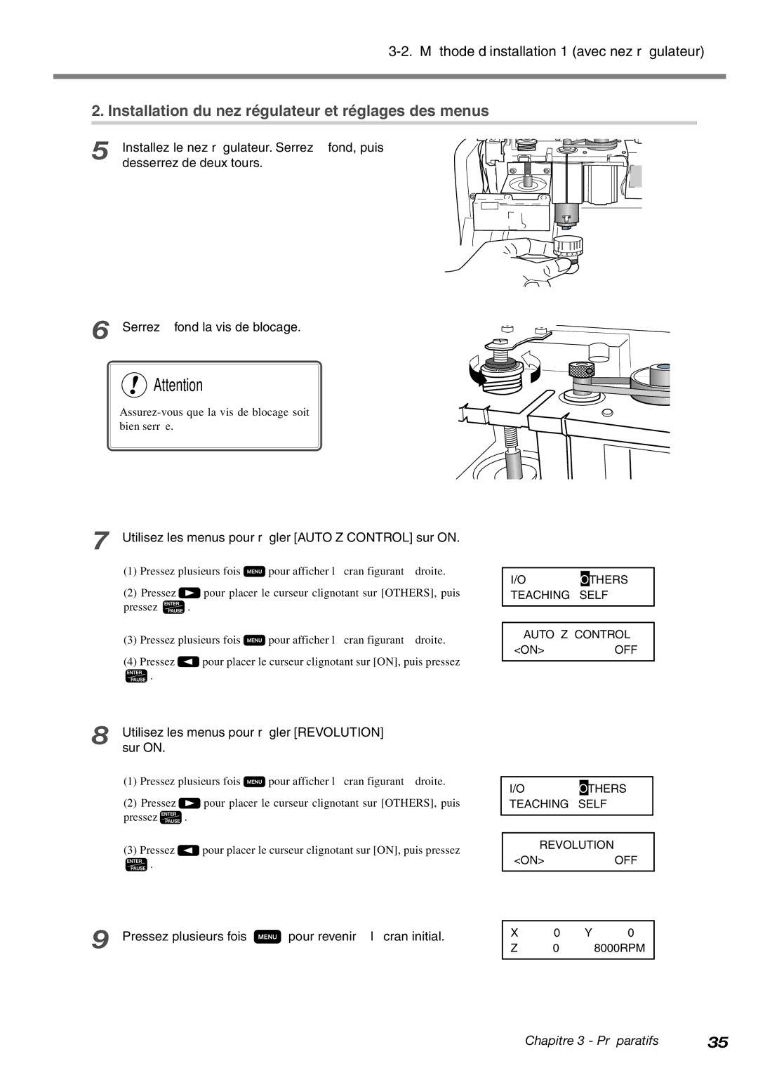 Roland EGX-400, EGX-600 manual Installation du nez régulateur et réglages des menus 