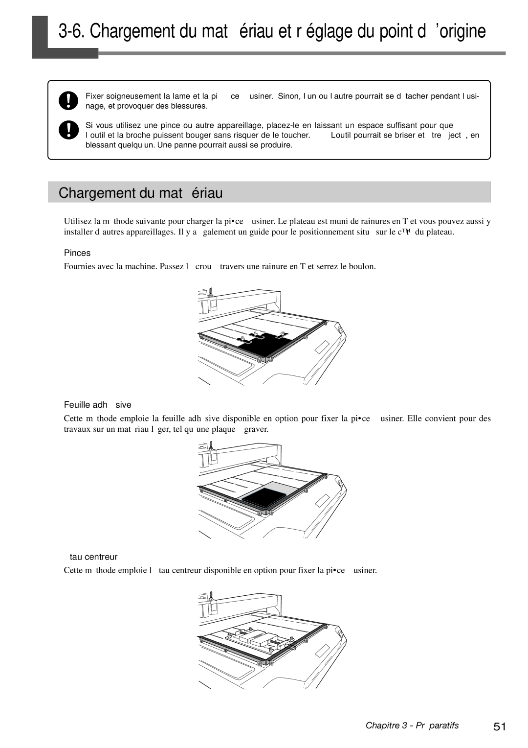 Roland EGX-400, EGX-600 manual Chargement du matériau, Pinces, Feuille adhésive, Étau centreur 