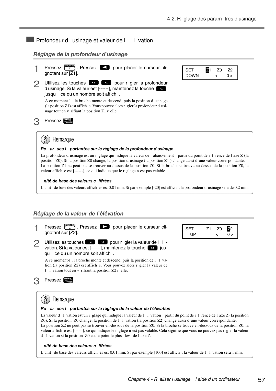 Roland EGX-400, EGX-600 manual Réglage de la profondeur d’usinage, Réglage de la valeur de l’élévation, Z1 Z0 