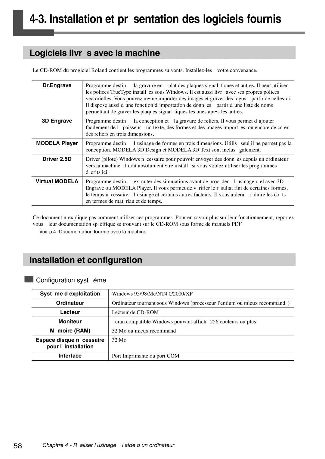 Roland EGX-600, EGX-400 manual Installation et présentation des logiciels fournis, Logiciels livrés avec la machine 