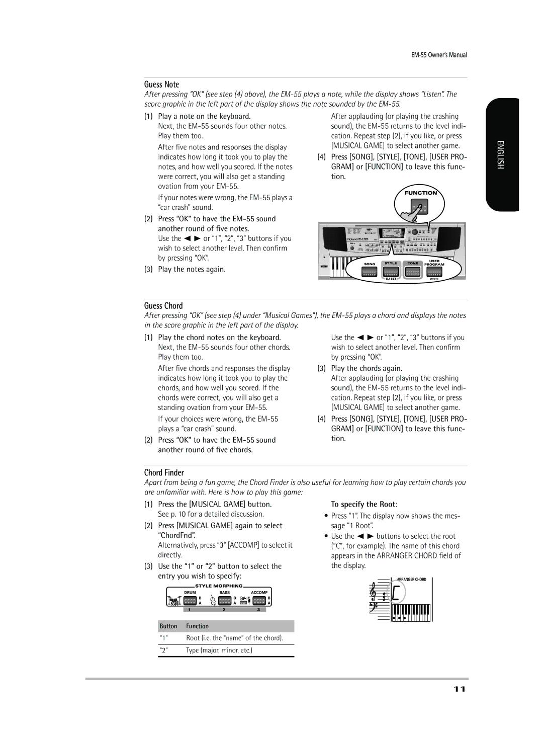 Roland EM-55 owner manual Guess Note, Guess Chord, Chord Finder, To specify the Root, Type major, minor, etc 