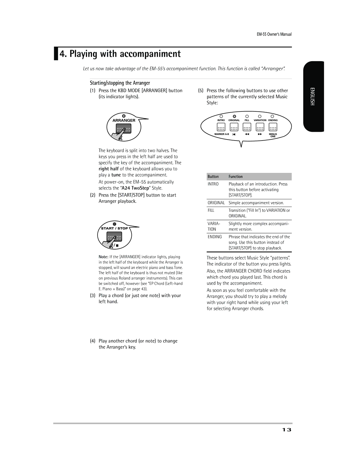 Roland EM-55 owner manual Playing with accompaniment, Starting/stopping the Arranger 