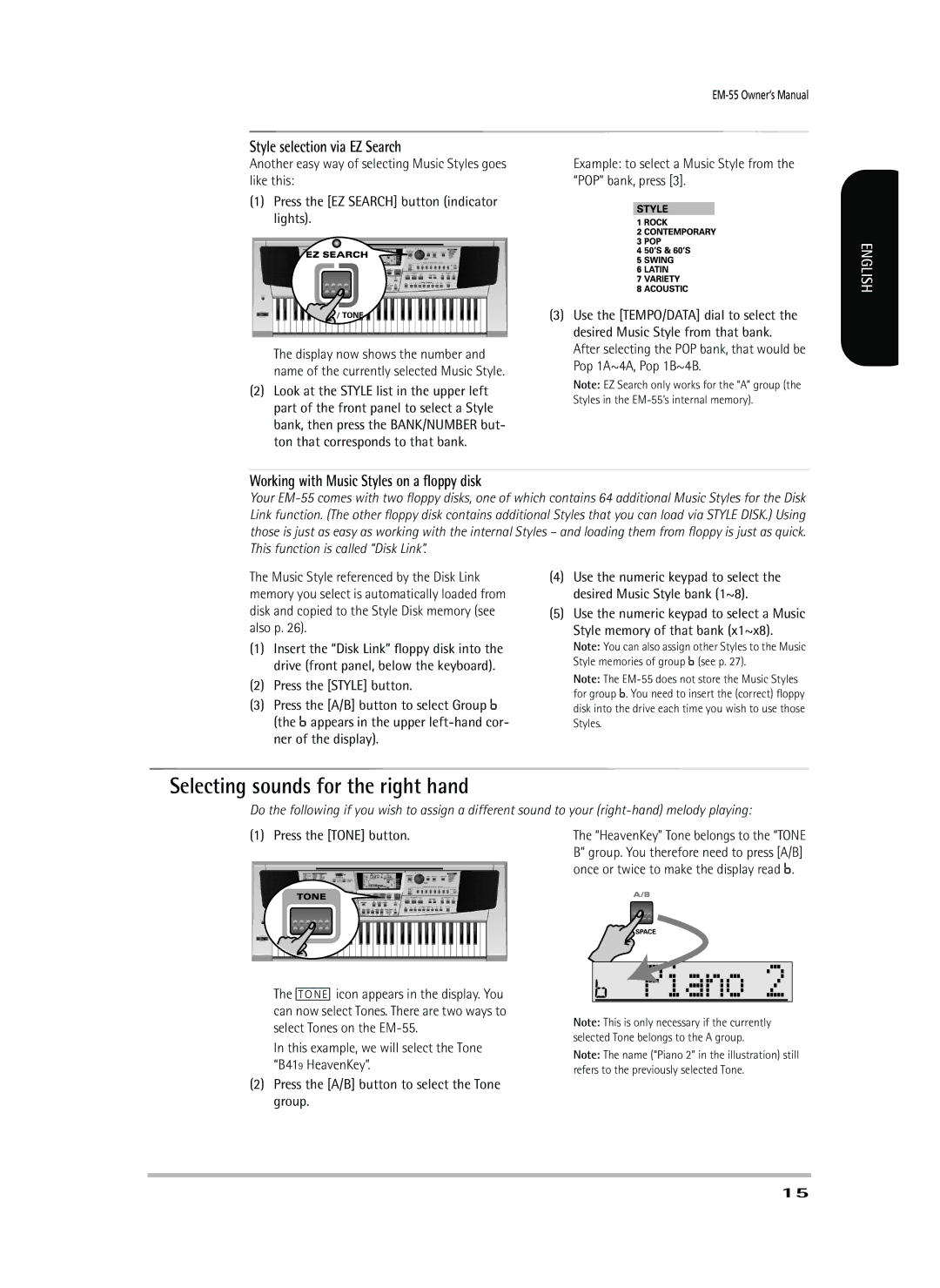 Roland EM-55 Selecting sounds for the right hand, Style selection via EZ Search, Working with Music Styles on a ﬂoppy disk 