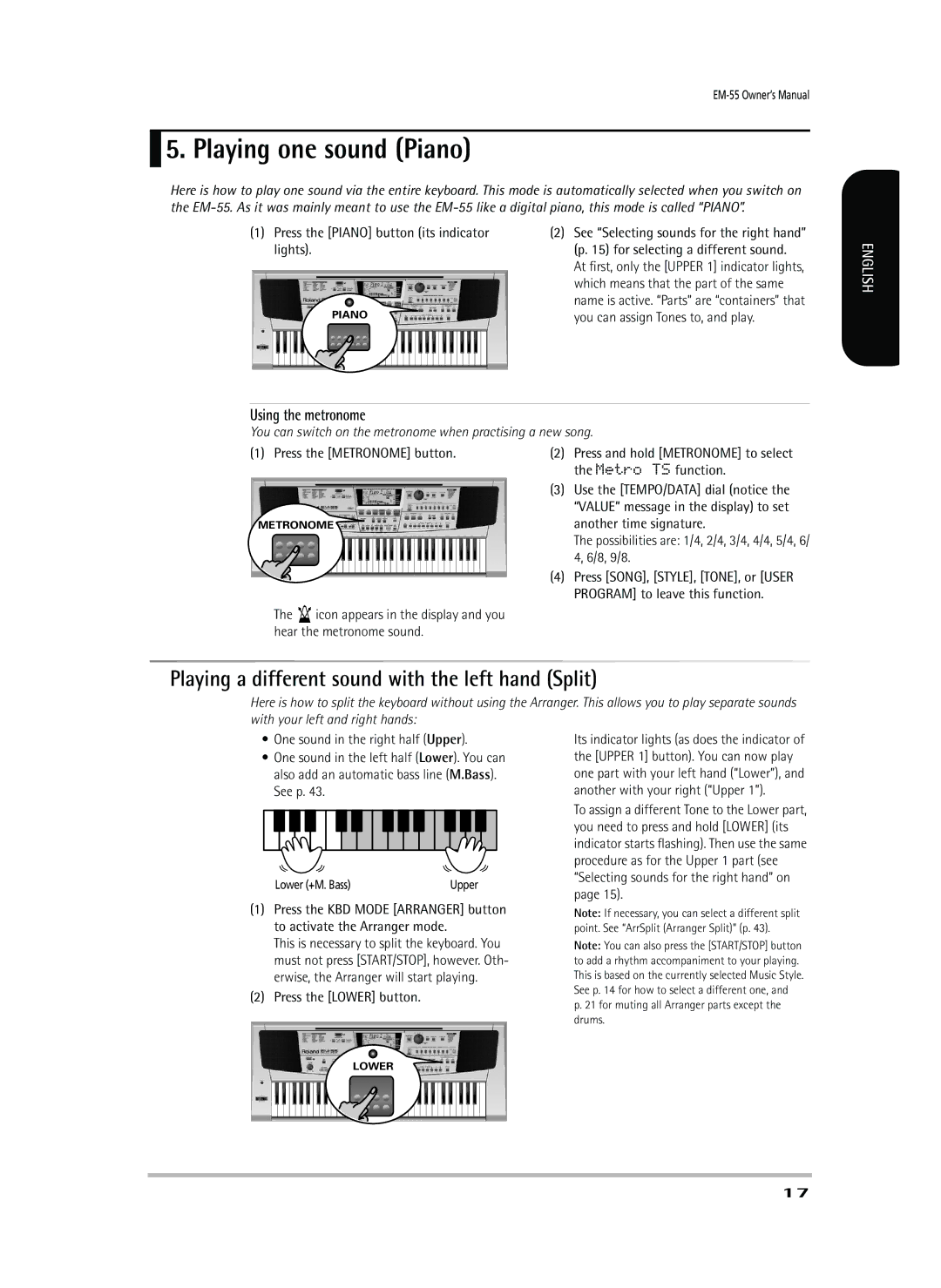 Roland EM-55 owner manual Playing one sound Piano, Playing a different sound with the left hand Split, Using the metronome 