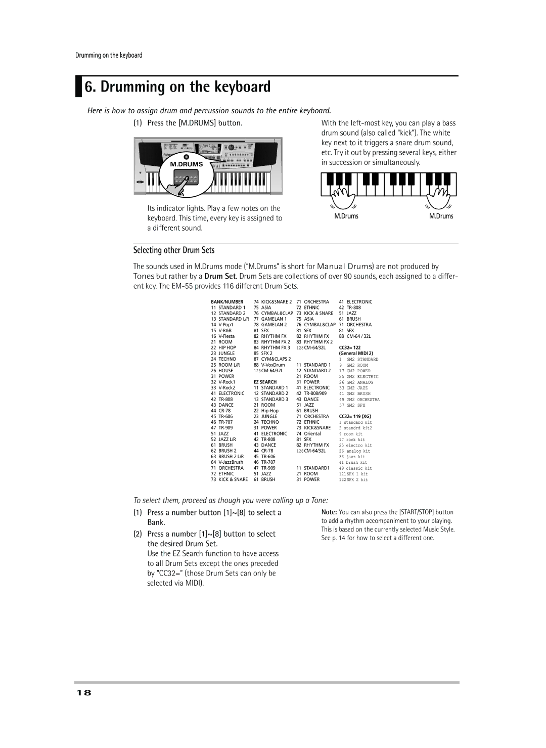 Roland EM-55 owner manual Drumming on the keyboard, Selecting other Drum Sets, Press the M.DRUMS button, DrumsM.Drums 